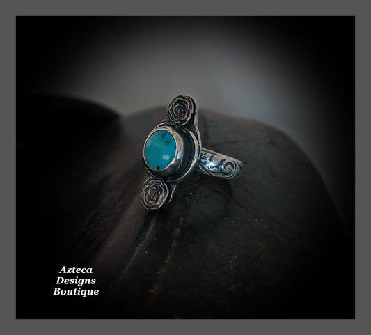 Size 8 Sierra Nevada Turquoise + Bronze Roses Sterling Silver Western Ring