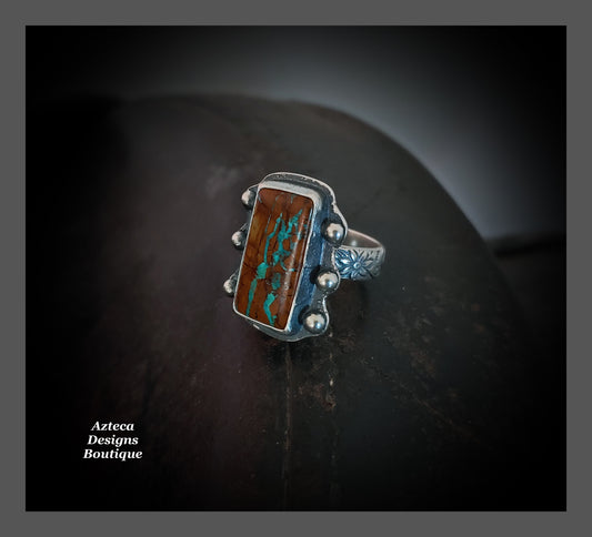 Size 6 Royston Ribbon Turquoise Sterling Silver Floral Band Western Ring