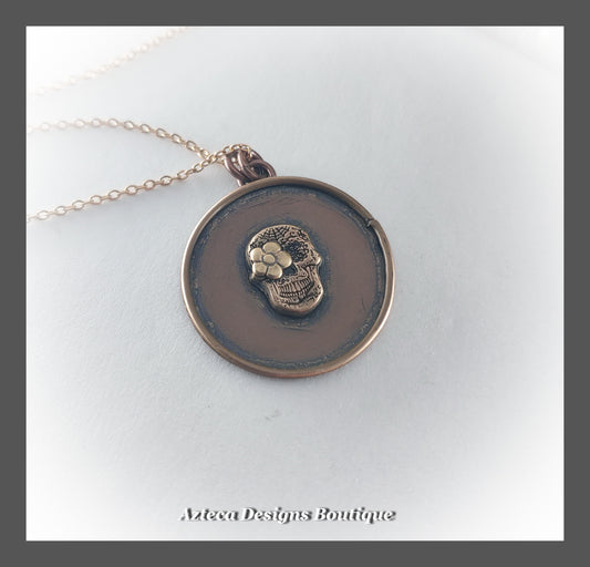 Sugar Skull Medallion Necklace + Hand Fabricated Copper Bronze