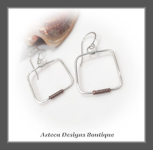 Argentium Silver+Copper Wrap+Petite Square Earrings