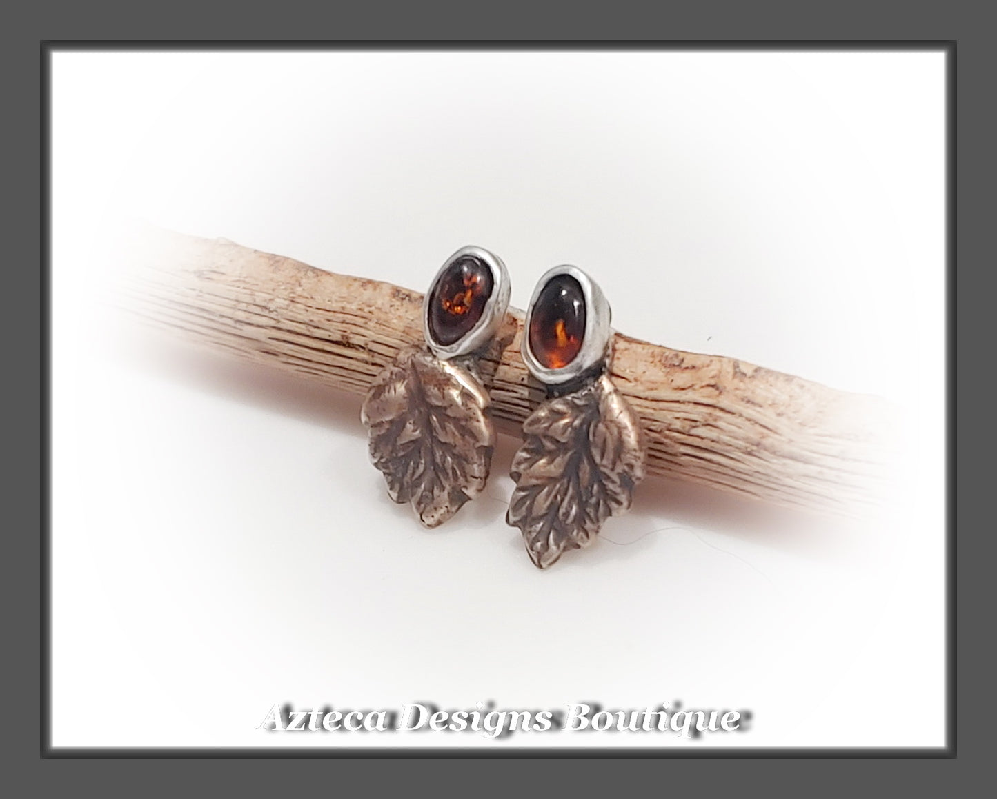 Falling Leaf+Amber+Sterling Silver+Bronze+Hand Fabricated Post Earrings