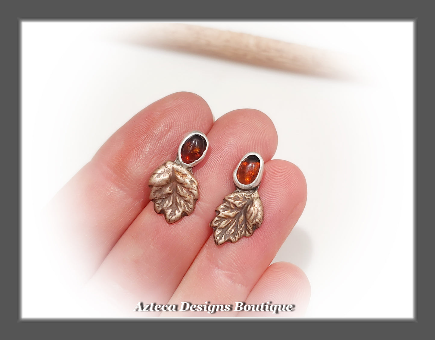 Falling Leaf+Amber+Sterling Silver+Bronze+Hand Fabricated Post Earrings
