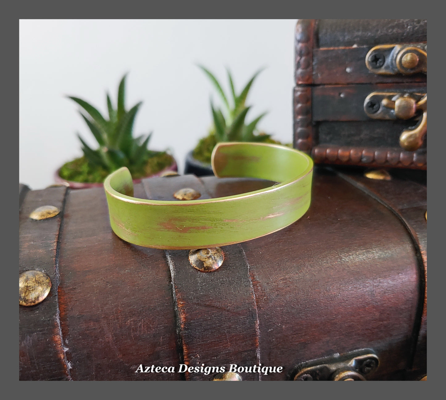 Vintage Green + Distressed Brass Cuff Bracelet + Narrow Width
