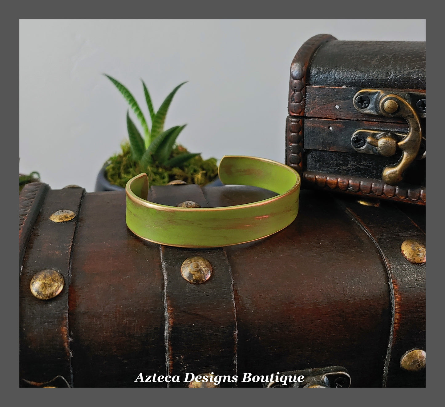 Vintage Green + Distressed Brass Cuff Bracelet + Narrow Width