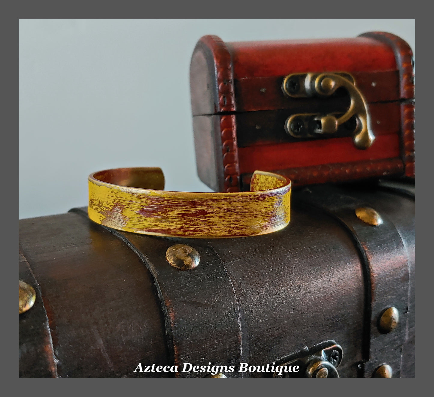 Vintage Red + Yellow + Distressed Brass Cuff Bracelet + Narrow Width