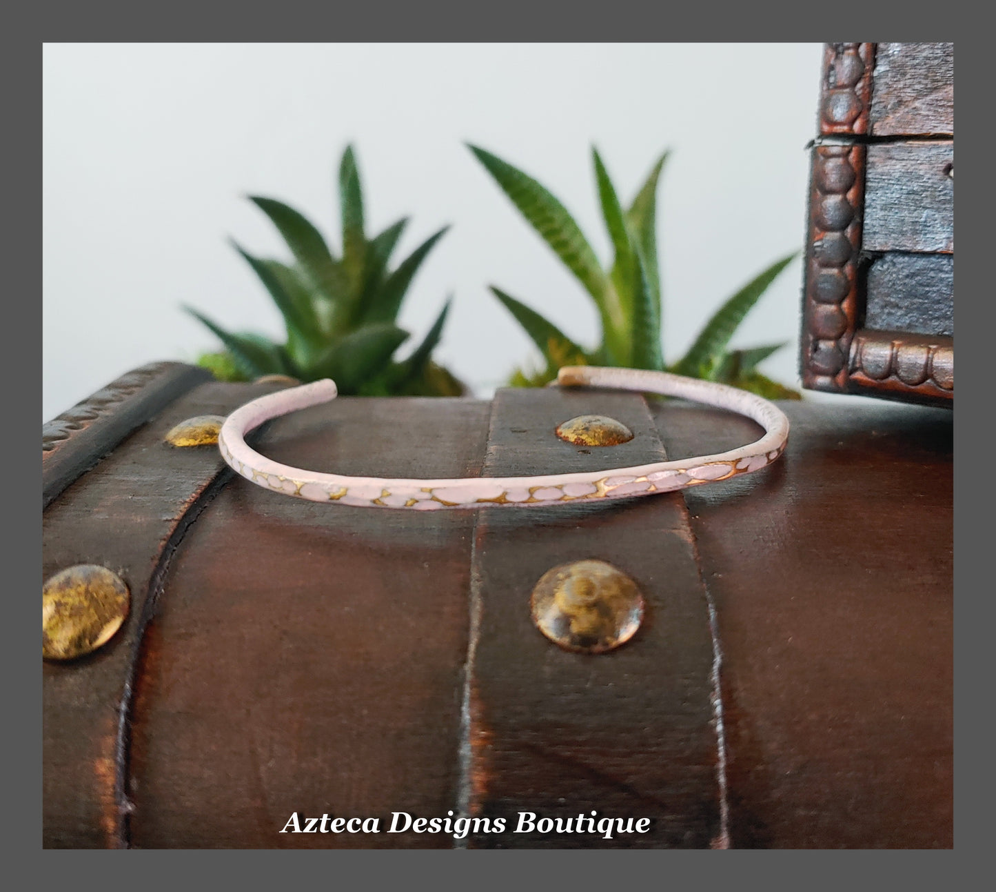 Thin Hammered Texture + Vintage Soft Pink + Distressed Brass Cuff Bracelet