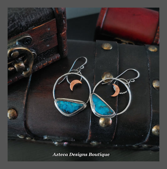 Kingman Turquoise + Argentium Silver + Copper Moon Earrings
