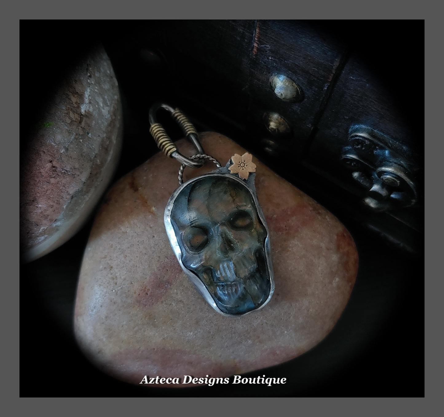 Sugar Skull Pendant + Carved Labradorite + Hand Fabricated Argentium Silver + Brass