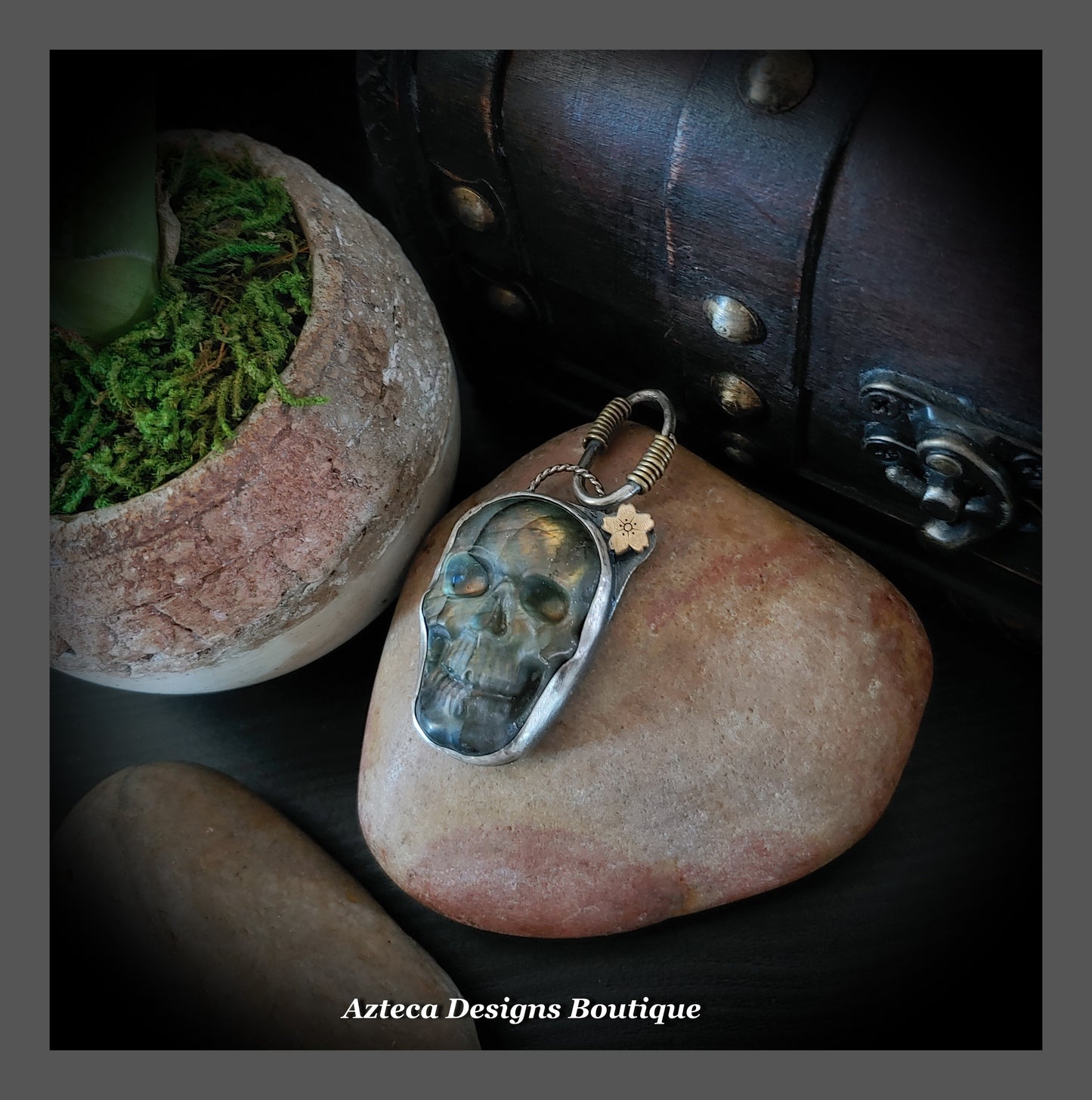 Sugar Skull Pendant + Carved Labradorite + Hand Fabricated Argentium Silver + Brass