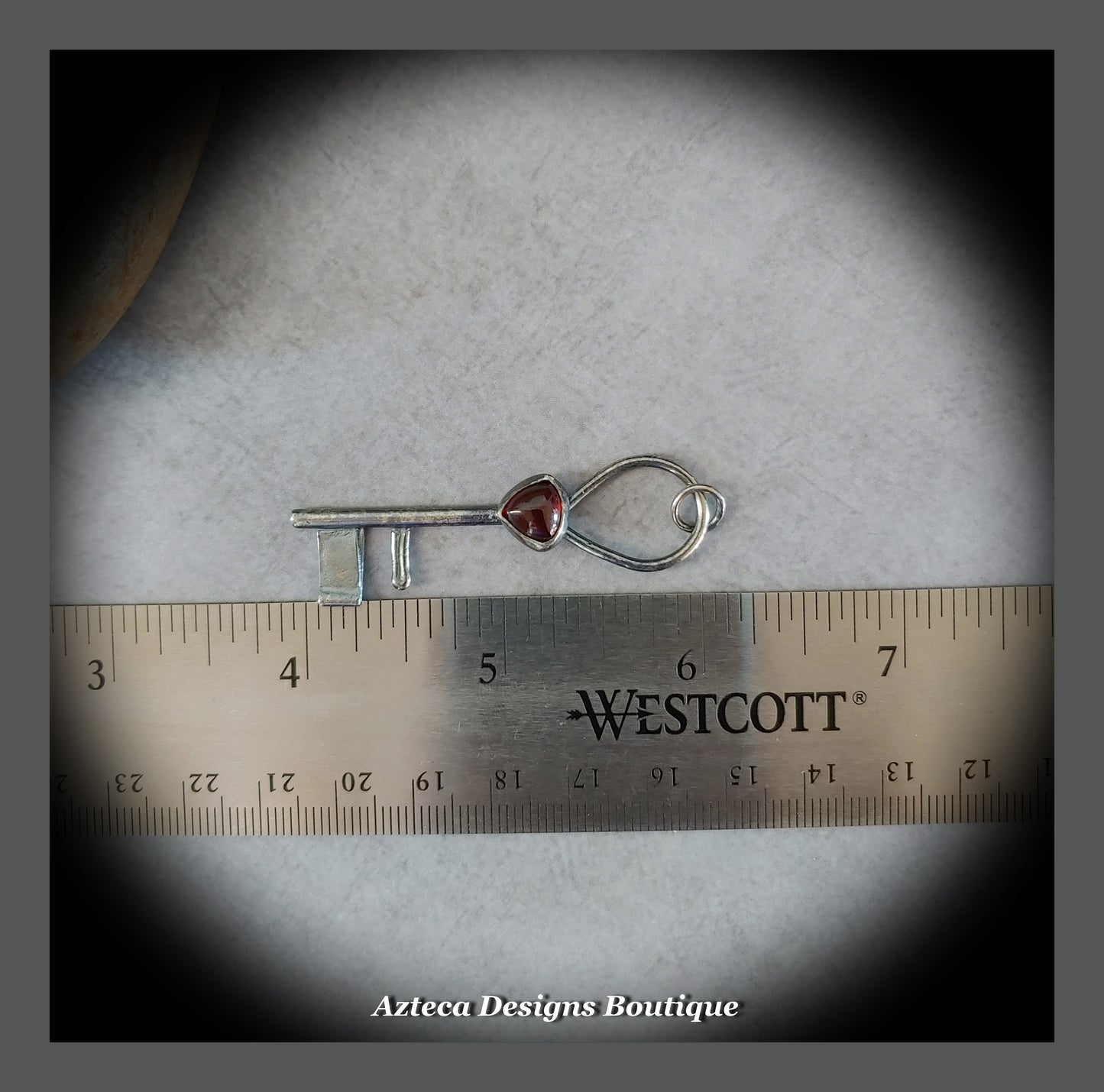 Garnet Key Pendant + Hand Fabricated Argentium Silver + Blackened Finish