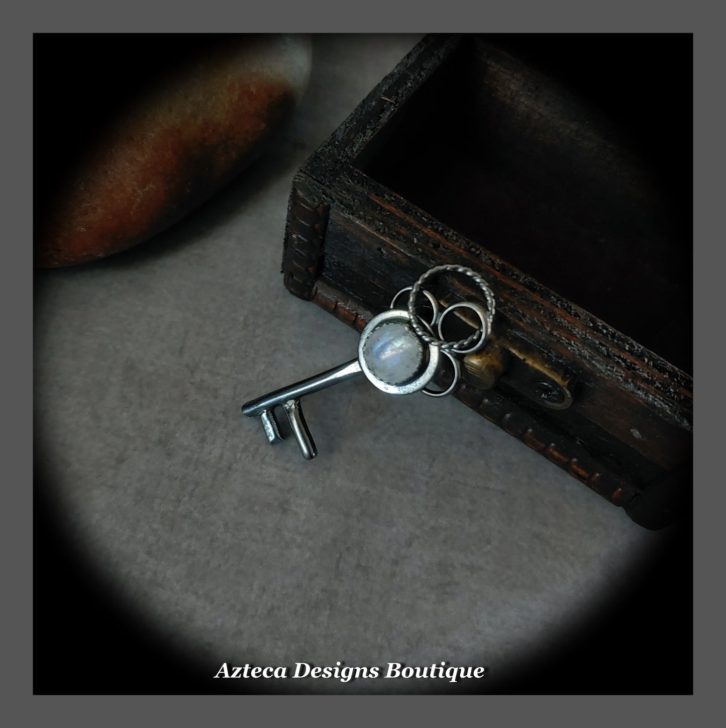 Rainbow Moonstone Key Pendant + Hand Fabricated Argentium Silver + Blackened Finish