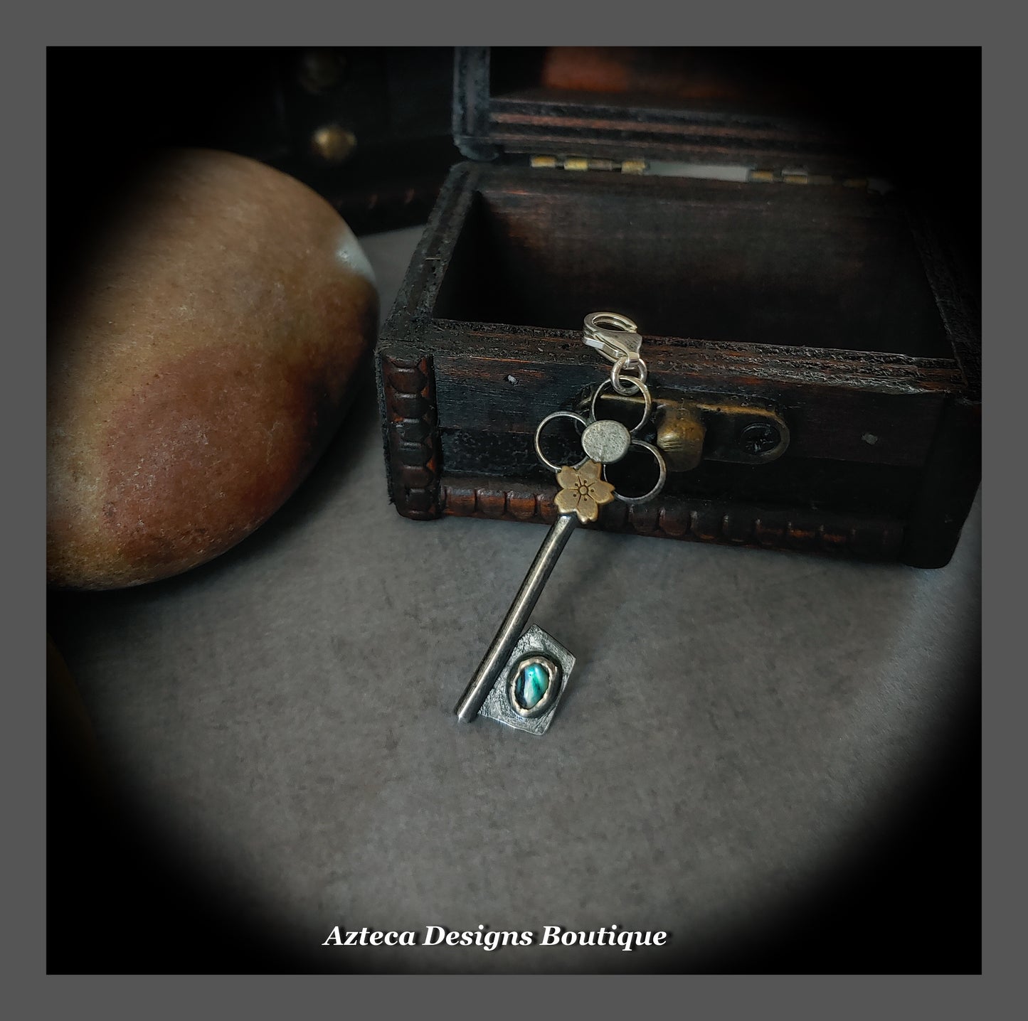 Paua Shell Key Pendant with Lobster Clasp + Hand Fabricated Argentium Silver + Blackened Finish