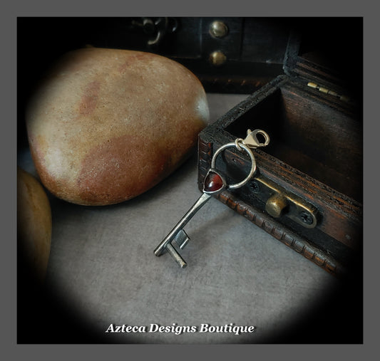 Garnet Key Pendant with Lobster Clasp + Hand Fabricated Argentium Silver + Blackened Finish