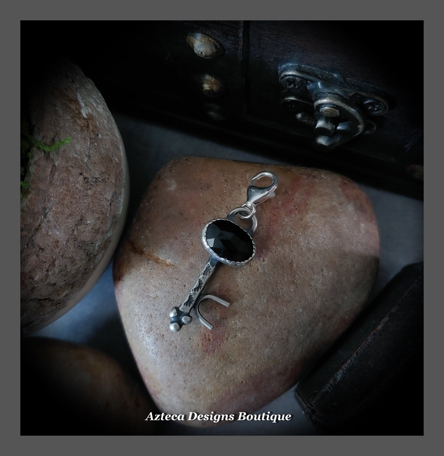 Black Onyx Gemstone Key + Sterling Silver + Clip On Charm Pendant