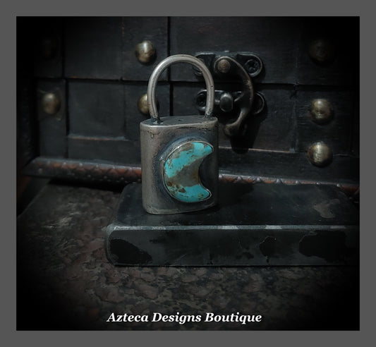 Built By Hand + Sterling Silver Hollow Form Padlock with Number 8 Turquoise Moon