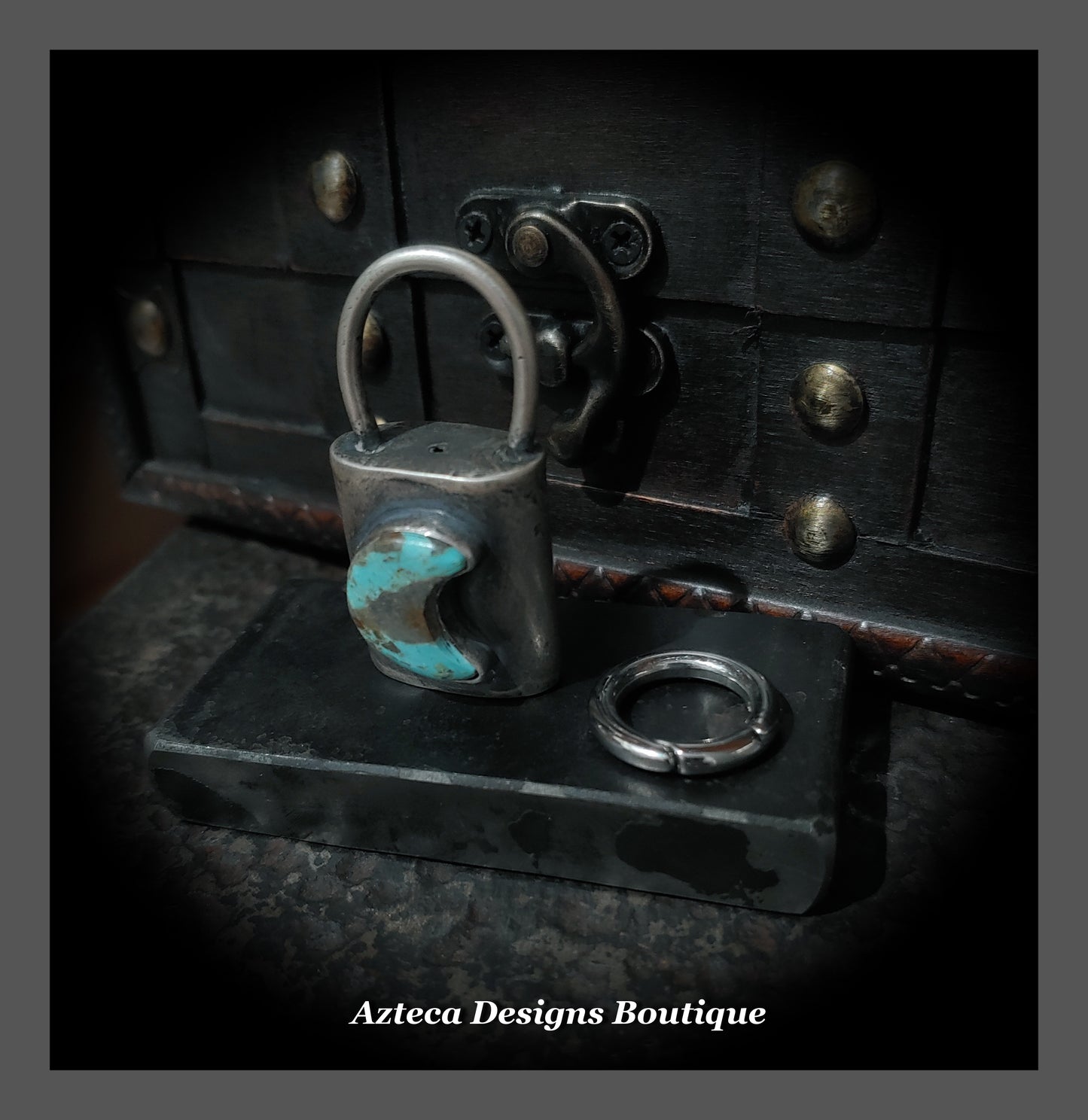 Built By Hand + Sterling Silver Hollow Form Padlock with Number 8 Turquoise Moon