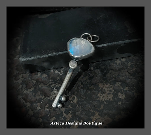 Blue Flash Rainbow Moonstone + Sterling Silver Key Pendant