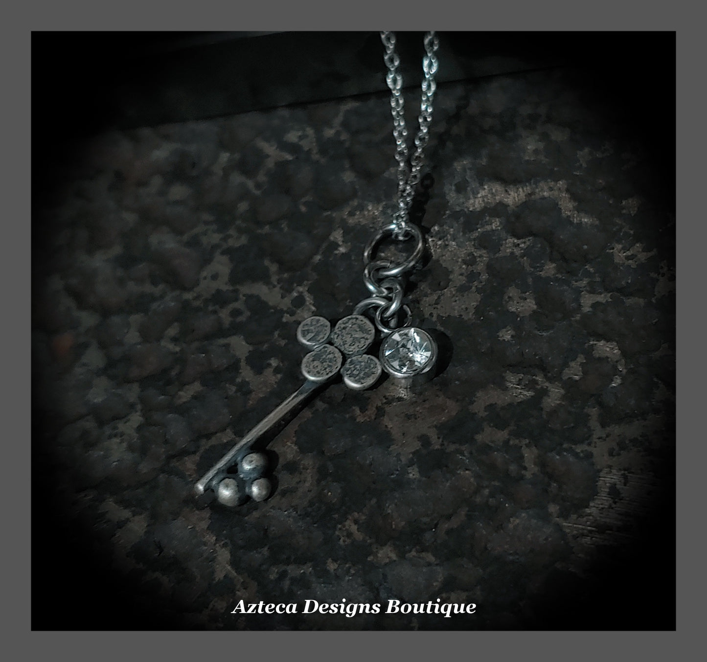 Key Charm Necklace + Hand Fabricated Sterling Silver Key + Stainless Steel + Cubic Zirconia