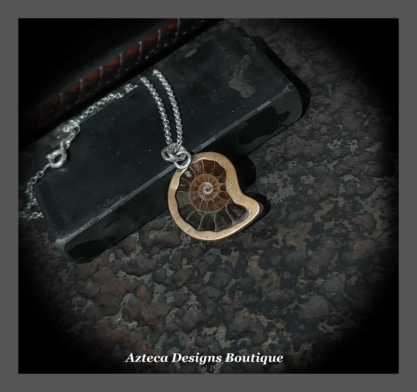 Dark Brown Ammonite Fossil+Hand Fabricated Primitive Style Necklace