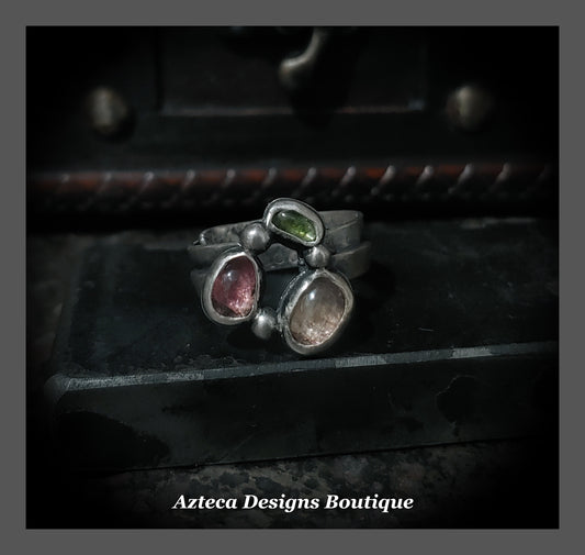 Size 9 + Tourmaline Cluster Ring+ Sterling Silver Hand Fabricated