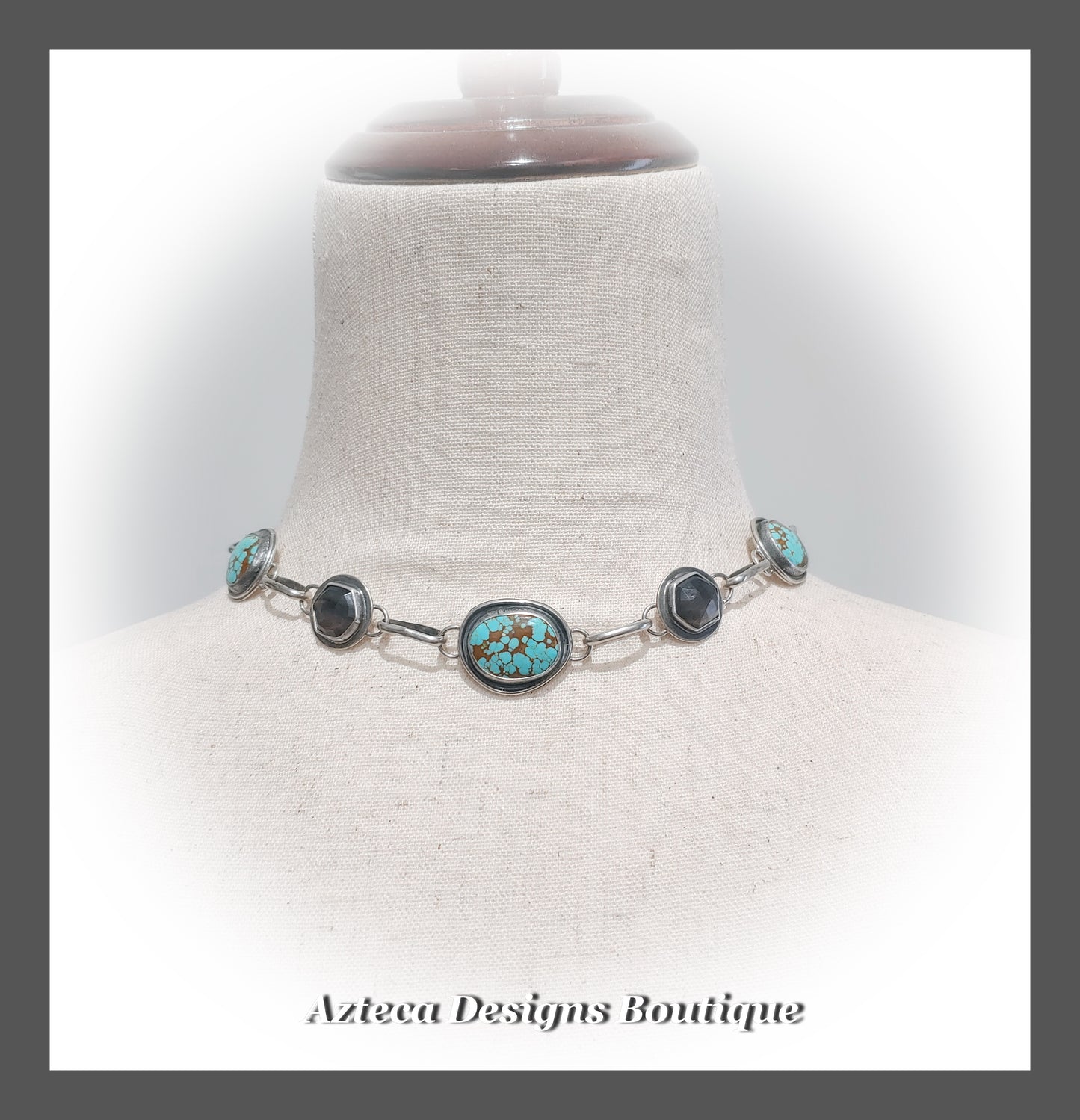 Number 8 Turquoise + Chocolate Moonstone + Hand Fabricated Sterling Silver Choker Necklace