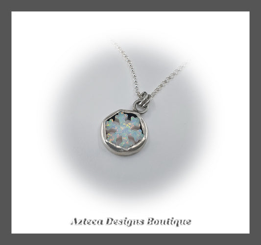 White Synthetic Opal Snowflake + Sterling Silver + Hand Fabricated Necklace