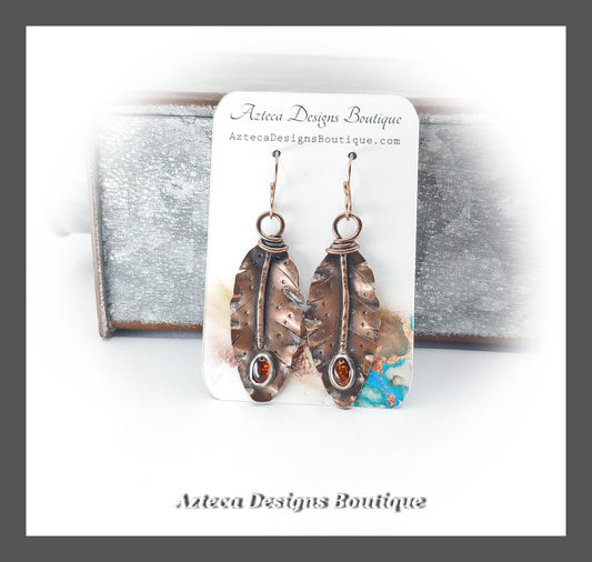 Copper + Amber + Hand Fabricated Rustic Earrings With Rose Gold Filled Ear Wires
