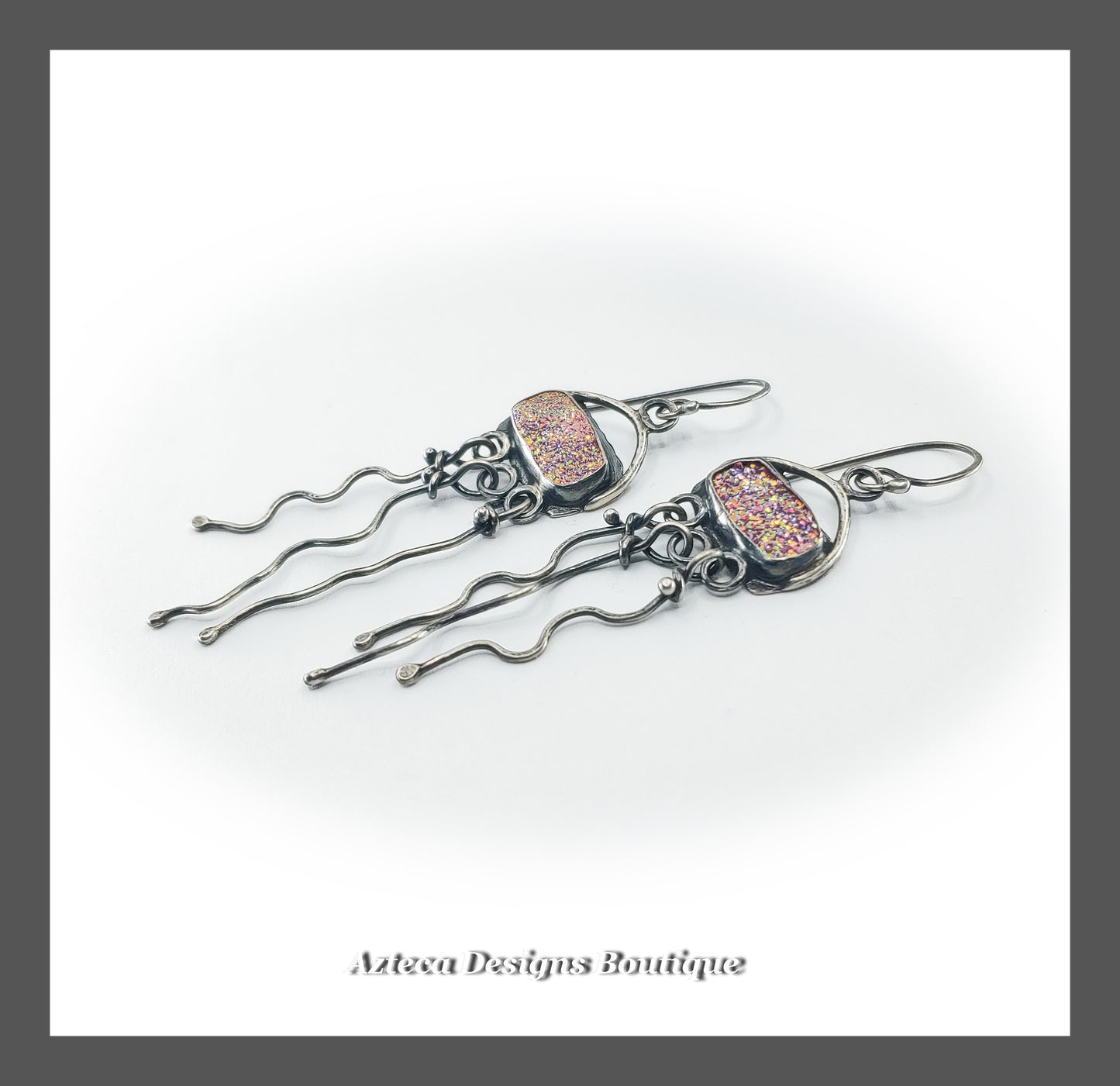 Pink Titanium Coated Druzy + Argentium Silver Earrings