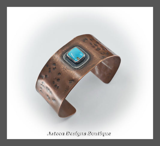 Kingman Turquoise + Antiqued Copper Metalwork Artisan Cuff Bracelet