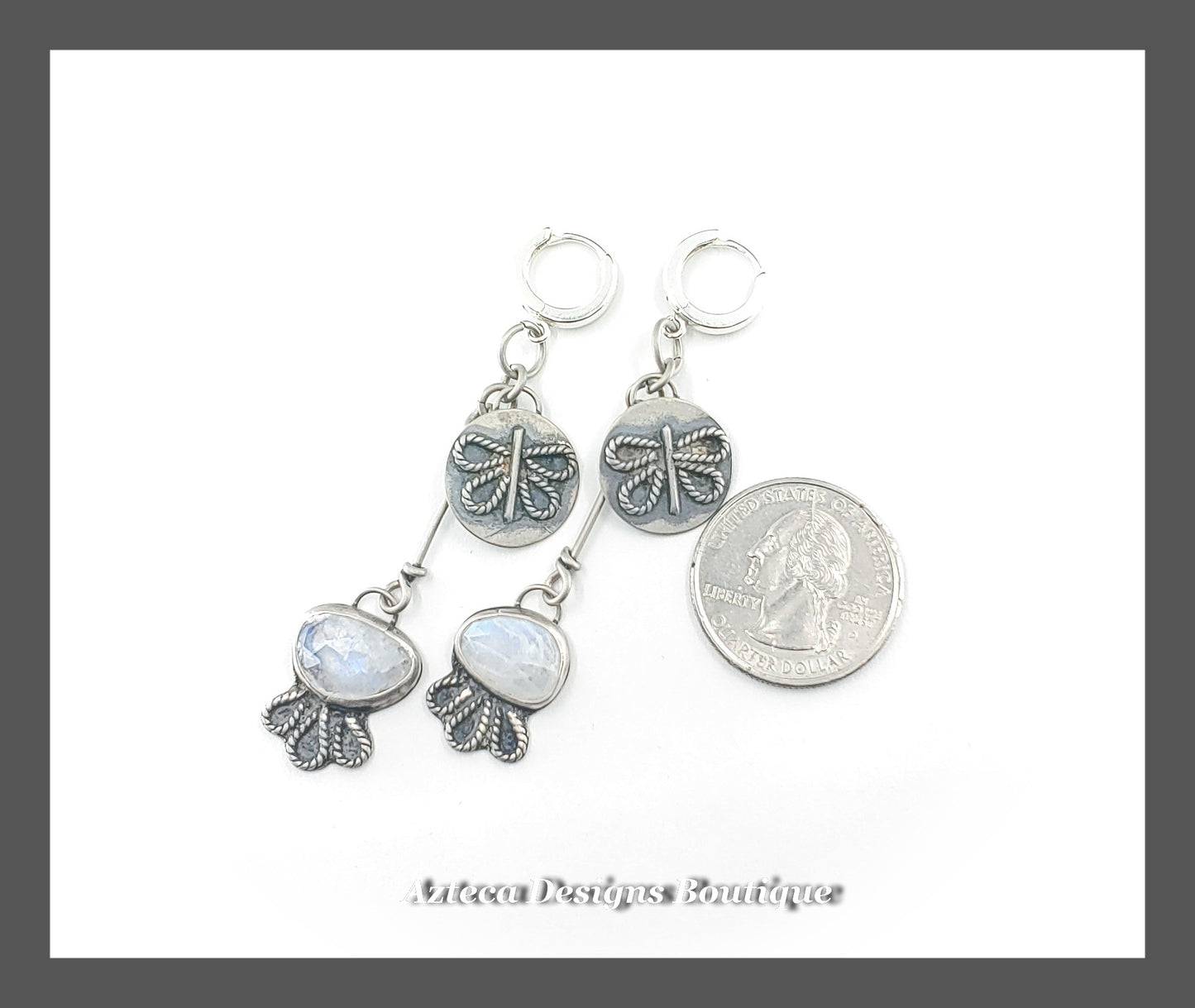 Natural Rose Cut Rainbow Moonstone + Hand Fabricated Silver Winged Creature Earrings