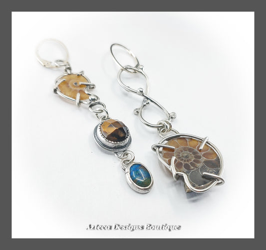 Ammonite + Chatoyant Gemstone + Blue Peruvian Opal + Sterling Silver Hand Fabricated Asymmetrical Earrings