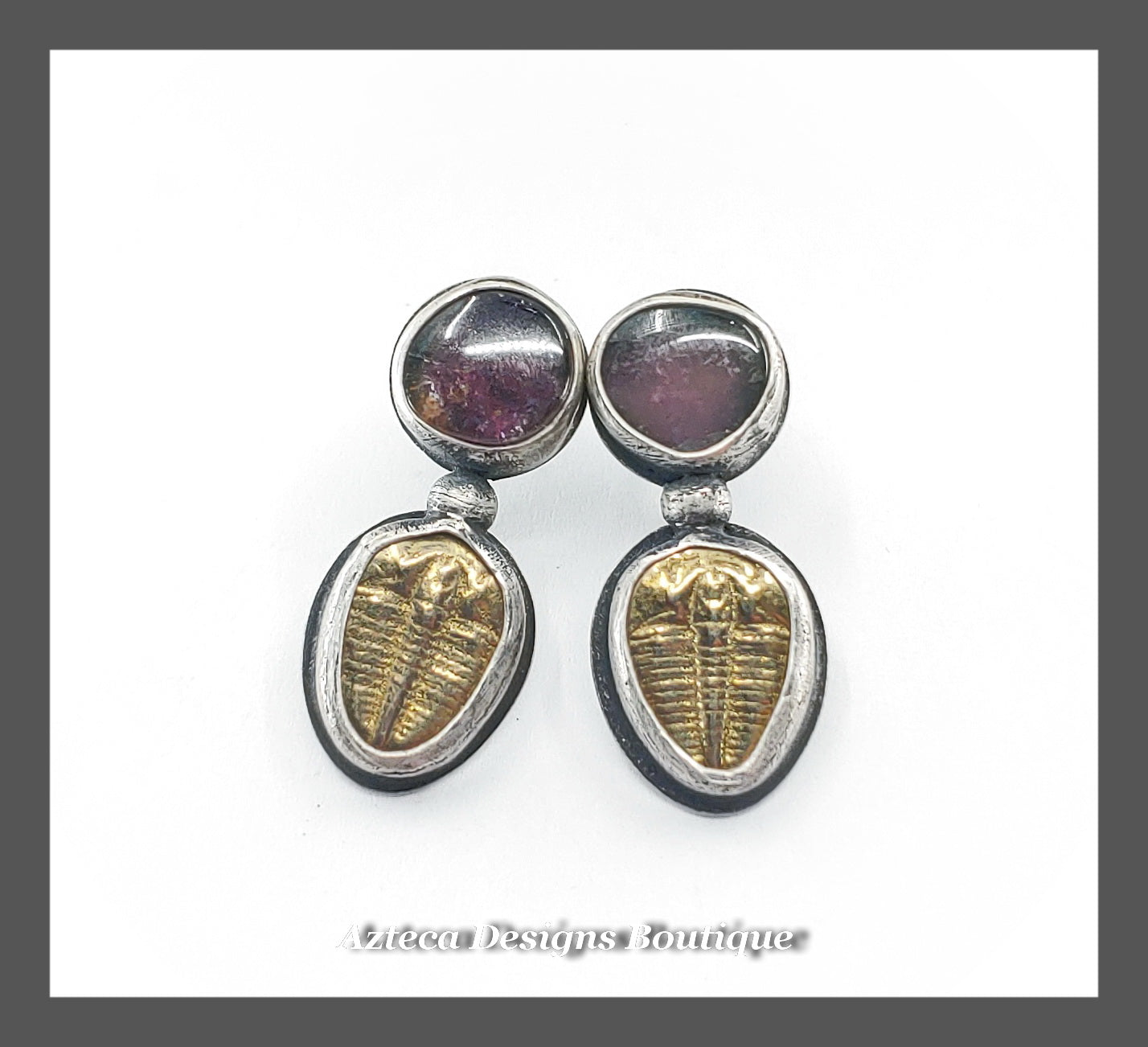 Brass Trilobite + Watermelon Tourmaline + Hand Fabricated Sterling Silver Post Earrings