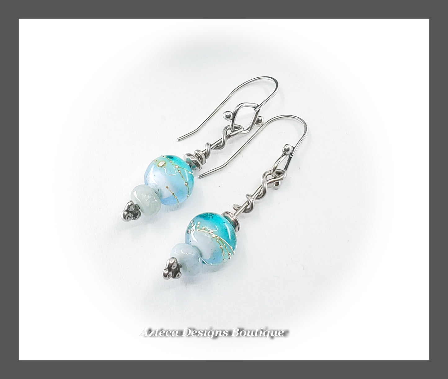 Aquamarine + Glass Lampwork + Argentium Silver + Hand Fabricated Artisan Earrings