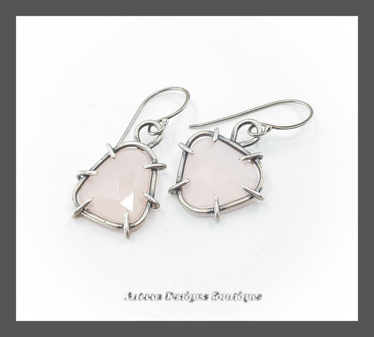 Pink Asymmetrical Chalcedony + Argentium Silver + Suspension Earrings
