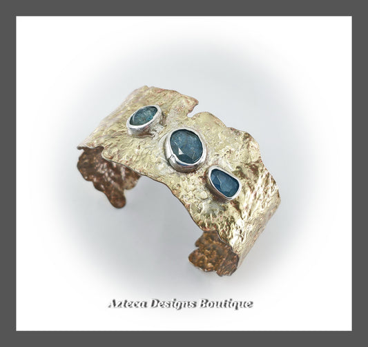 Teal Kyanite Triple Stone + Rustic Textured Wide Brass Cuff Bracelet