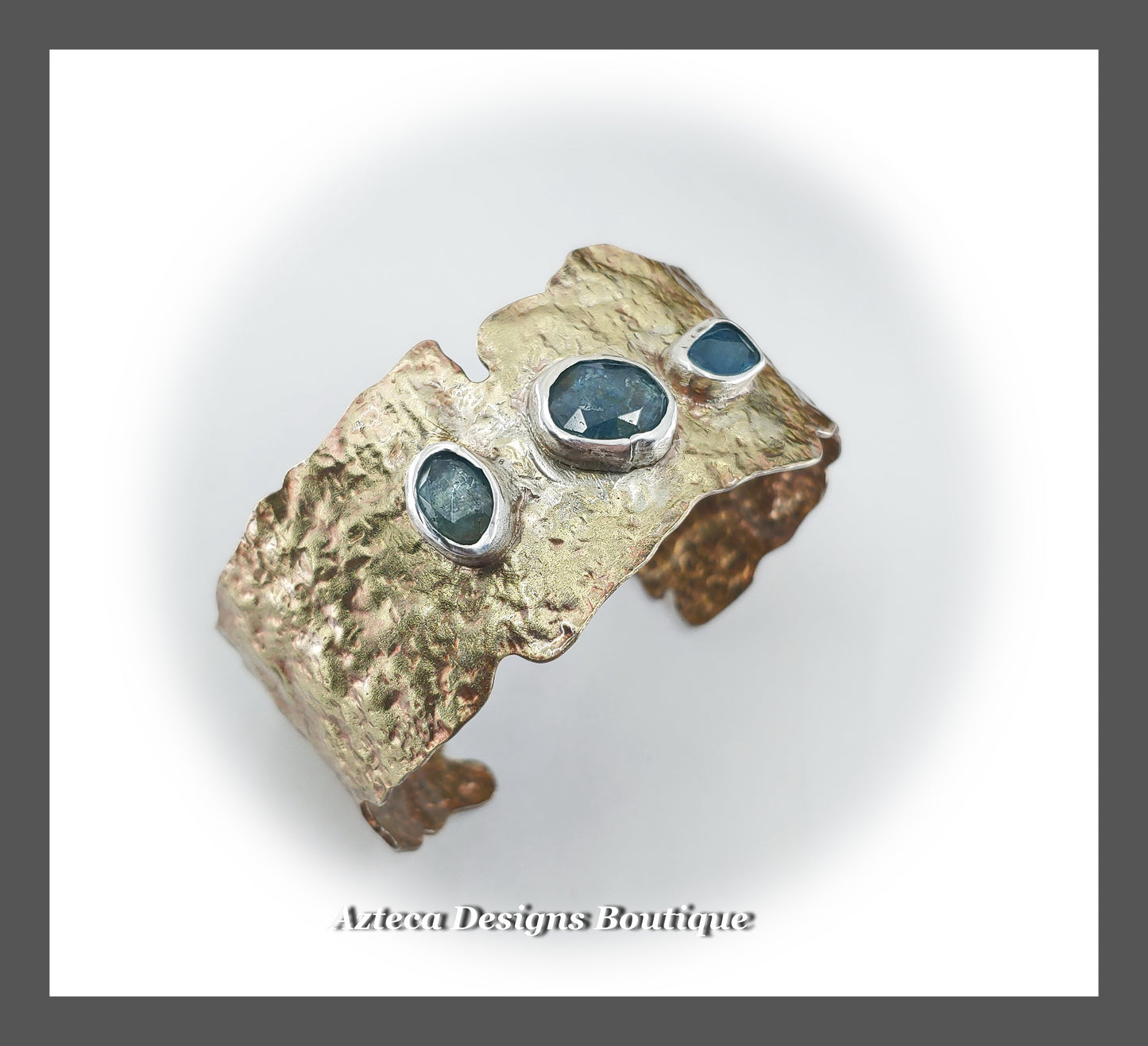 Teal Kyanite Triple Stone + Rustic Textured Wide Brass Cuff Bracelet