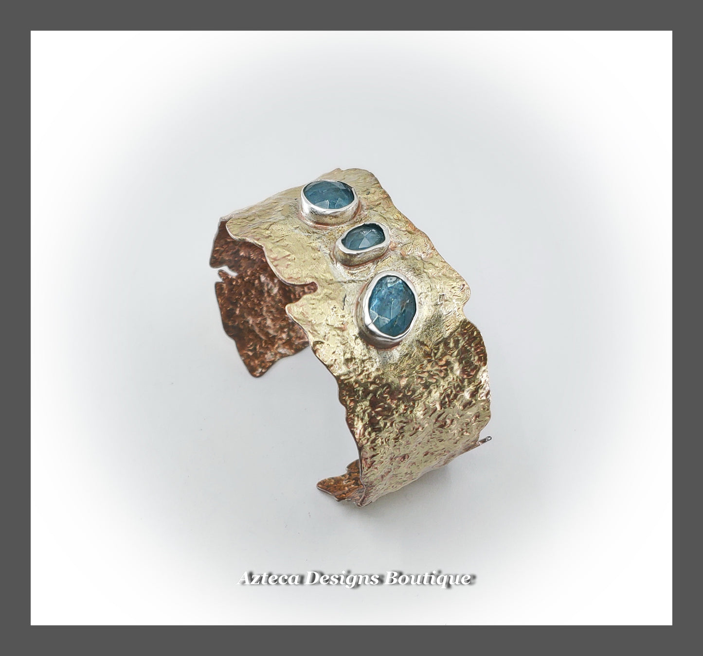 Number Two Teal Kyanite Triple Stone + Rustic Textured Wide Brass Cuff Bracelet
