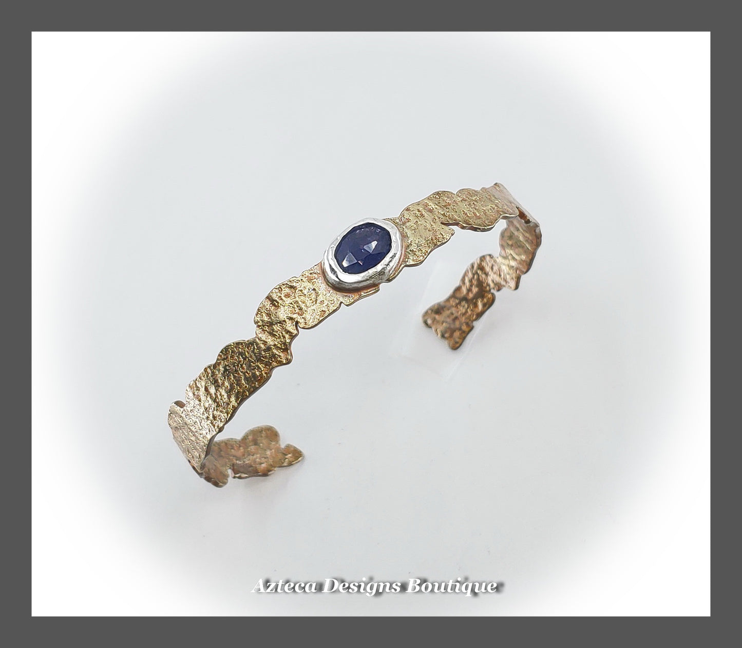 Narrow Tanzanite + Rustic Textured Brass Cuff Bracelet