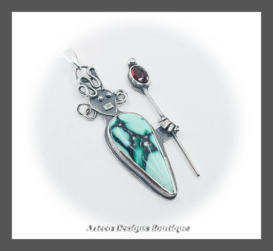 Warrior Goddess Pendant + Emerald Rose Turquoise + Garnet + Sterling Silver