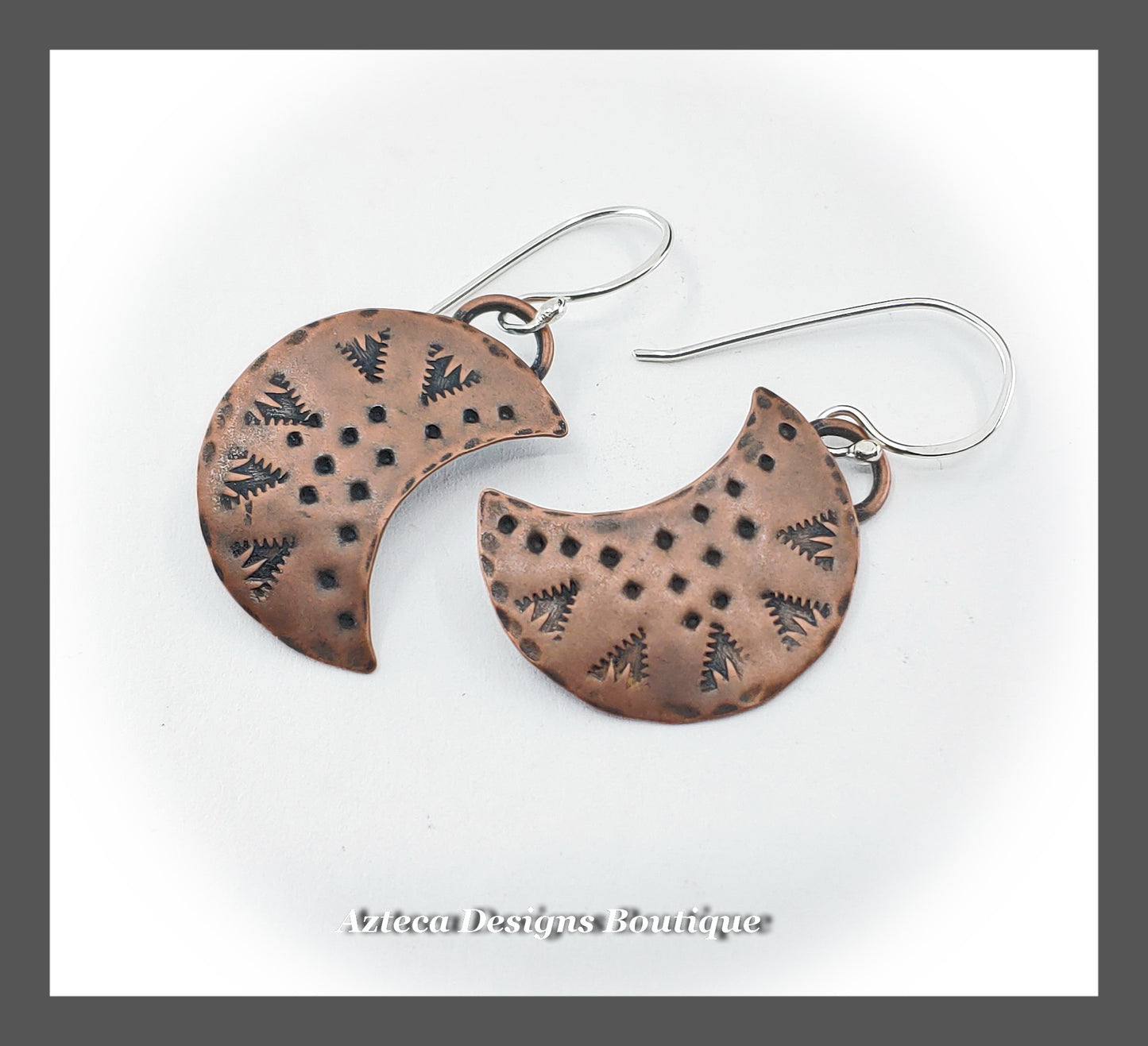 Gravitational + Hand Stamped Copper Crescent Moon Earrings