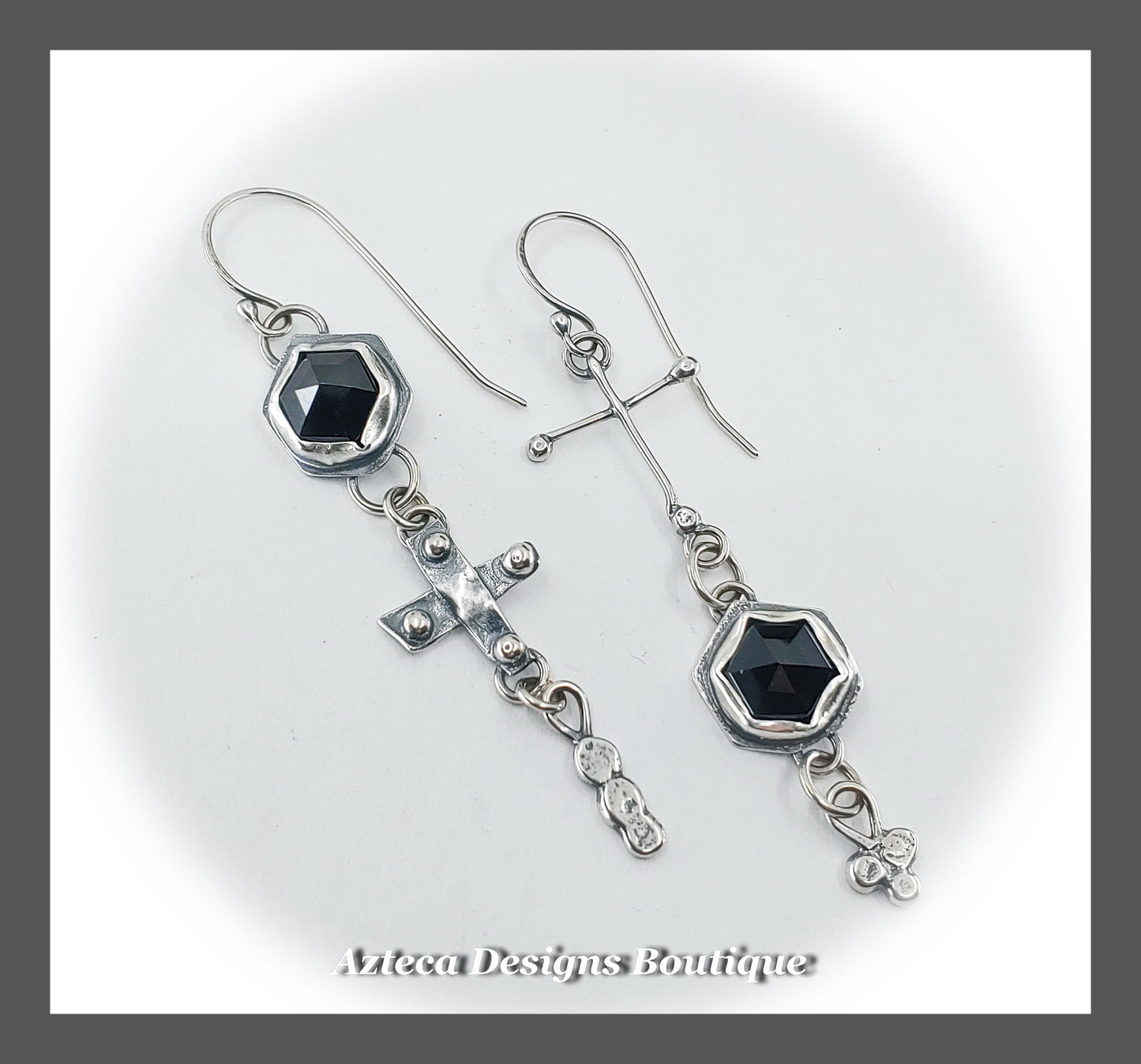 Black Onyx Asymmetrical Cross Earrings + Argentium Silver