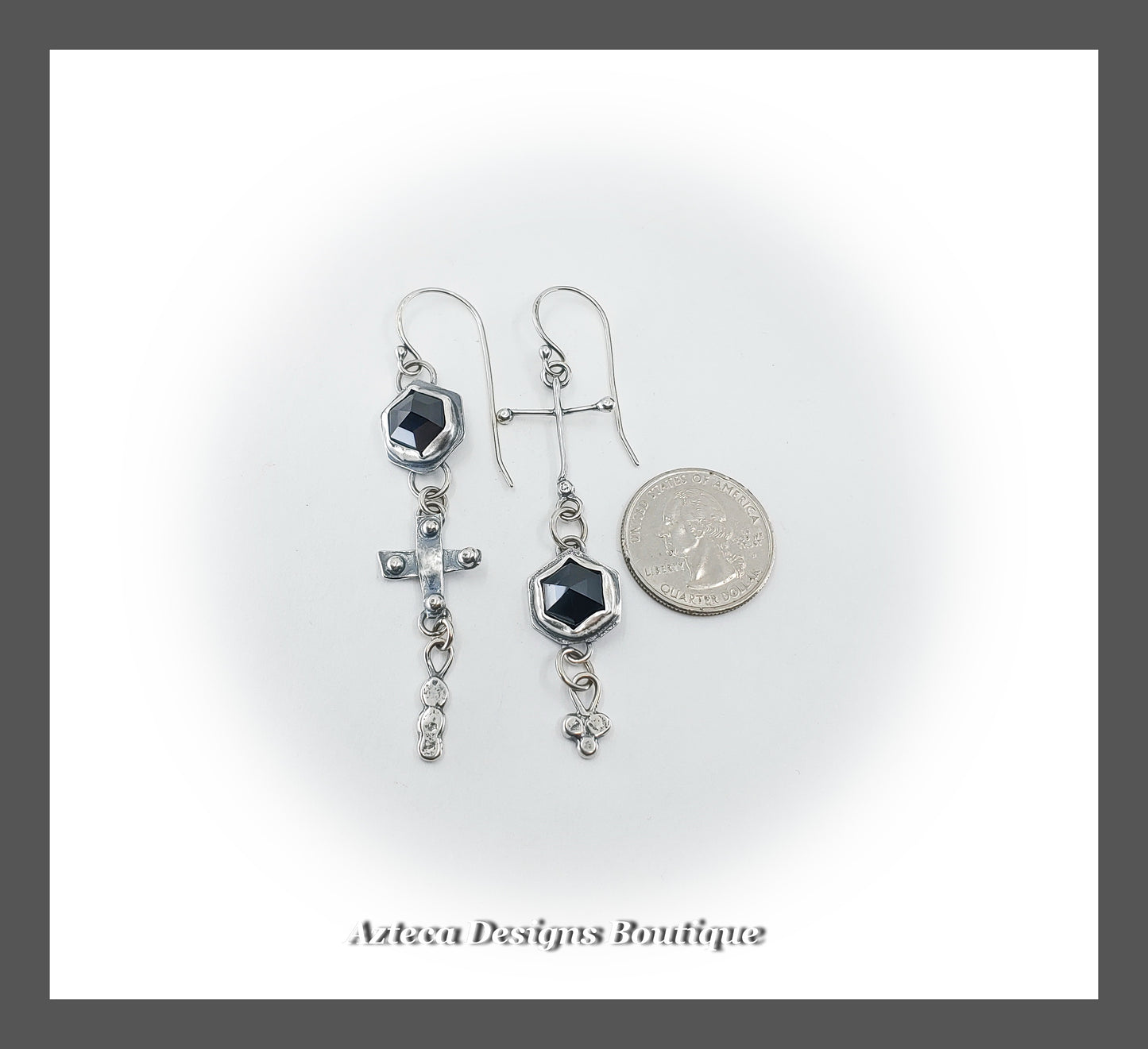 Black Onyx Asymmetrical Cross Earrings + Argentium Silver