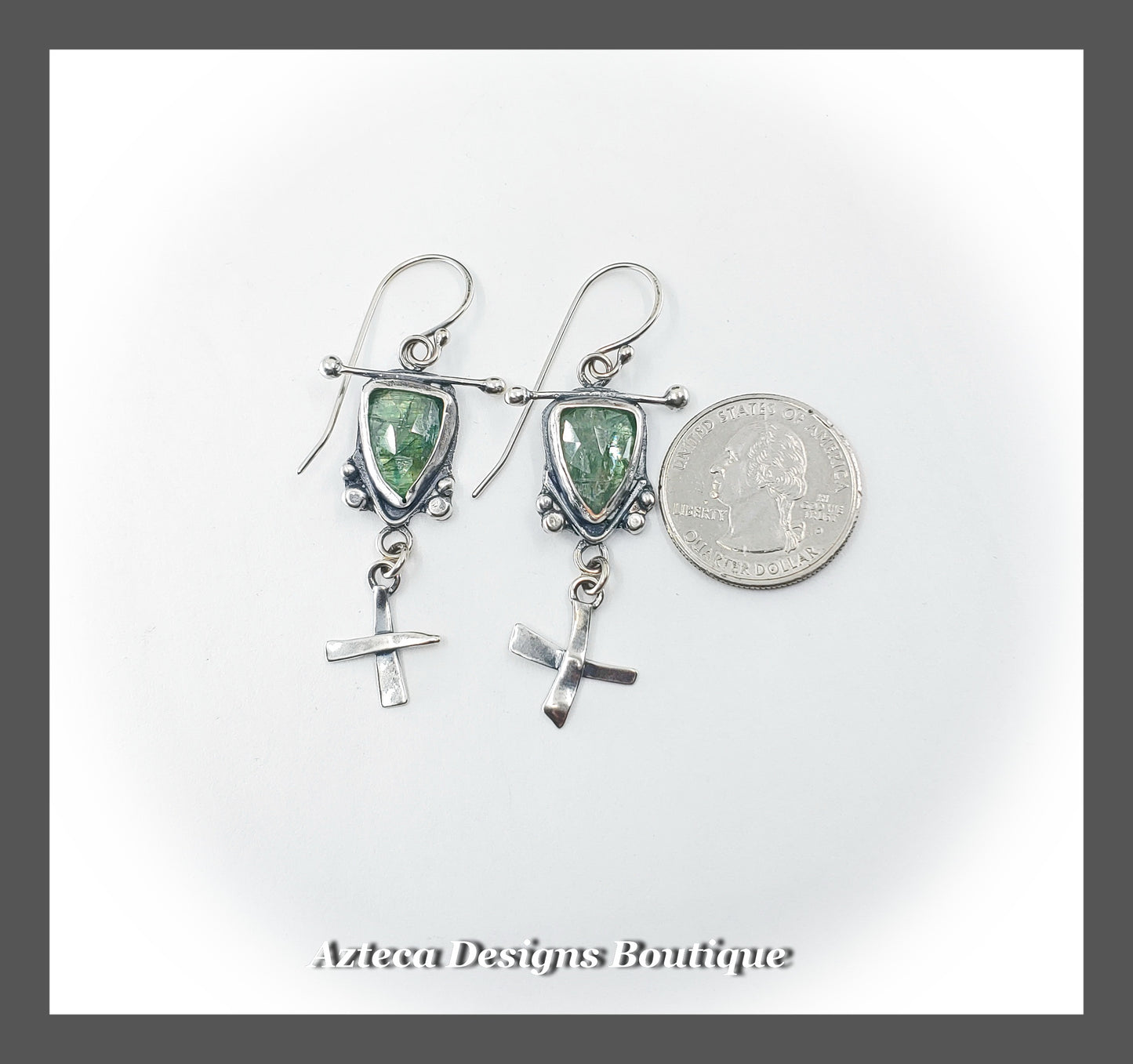 Ancient Tales Told + Mint Green Kyanite Hand Fabricated Argentium Silver Shield Cross Earrings