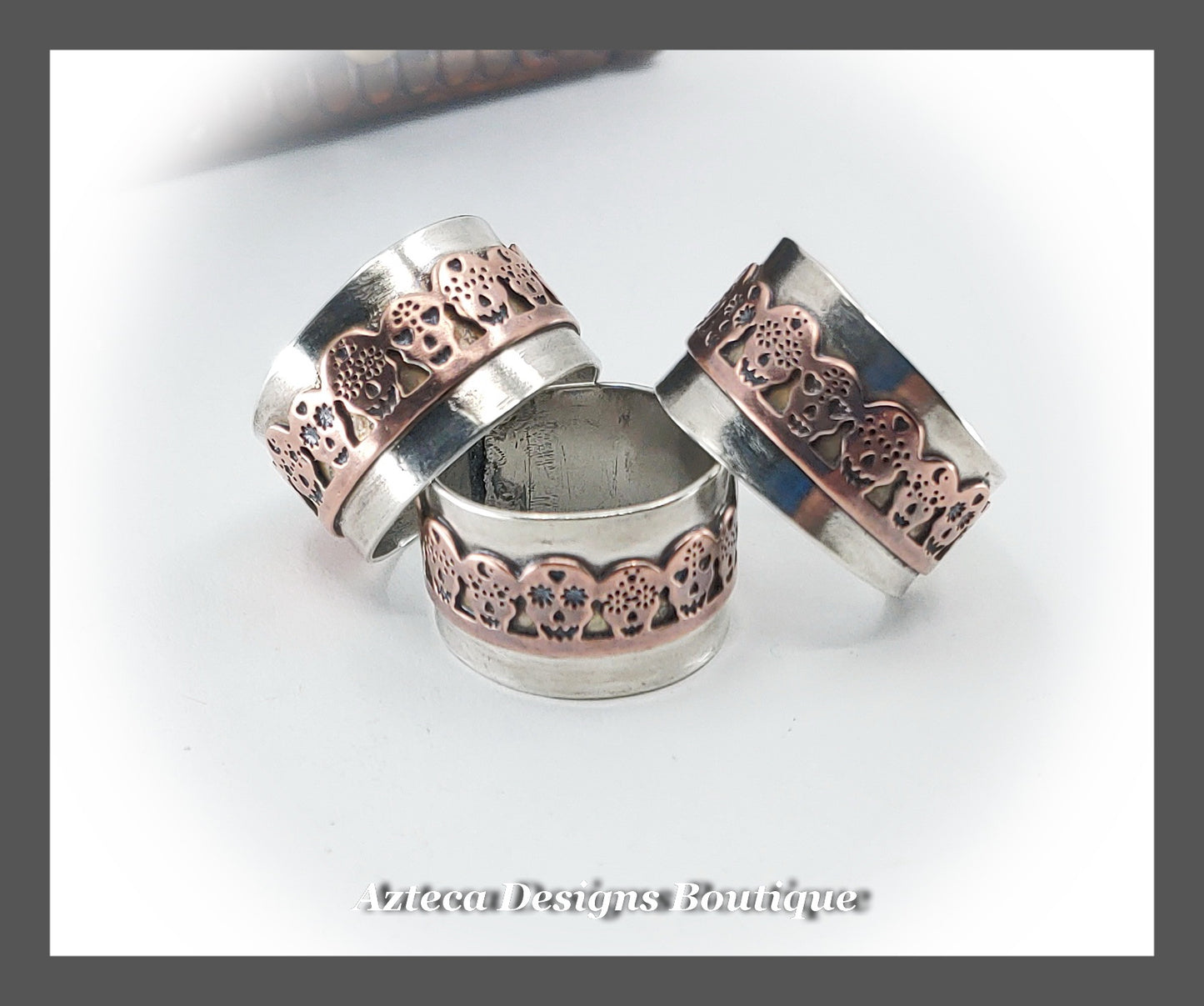 Rustic Sugar Skull Wide Ring + Copper + Sterling Silver