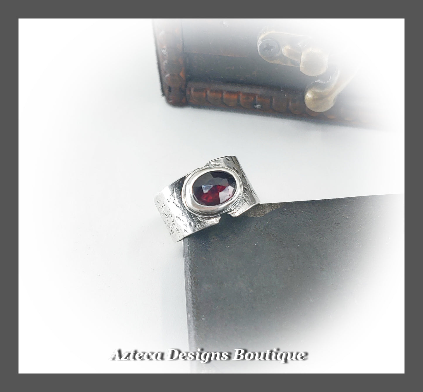 RESERVED FOR G+ SIZE 8 + Rustic Sterling Silver + Garnet Wide Band Ring