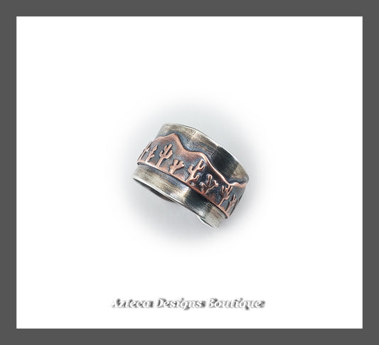SIZE 7-8 Adjustable Sterling Silver + Copper Mountain Cactus Ring