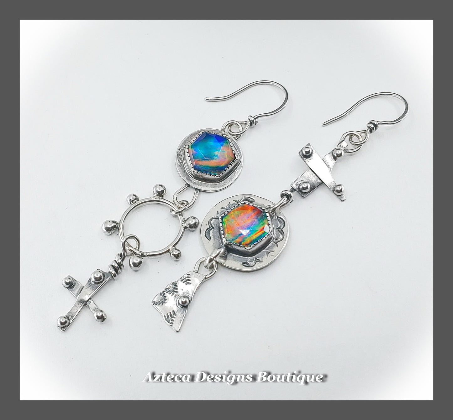 Aurora Opal + Argentium Silver Asymmetrical Rustic Cross Hand Fabricated Earrings
