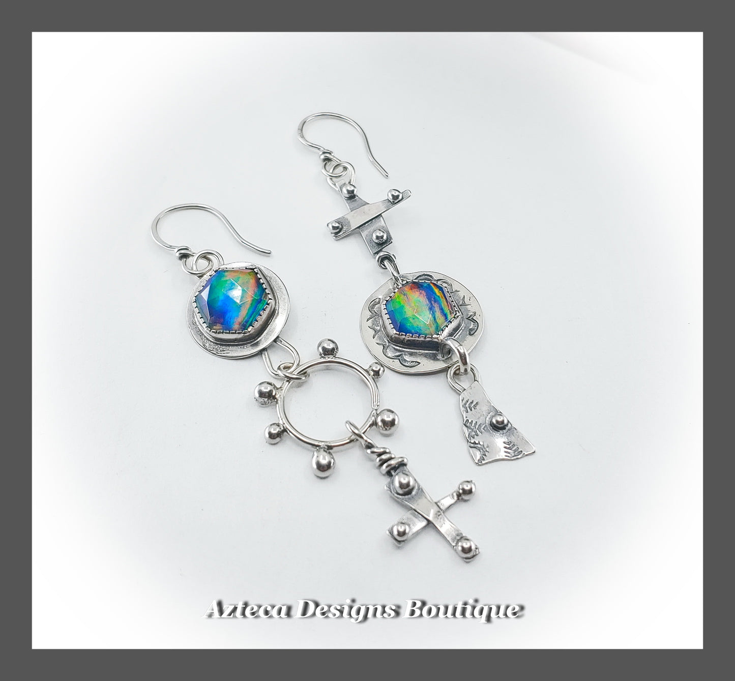 Aurora Opal + Argentium Silver Asymmetrical Rustic Cross Hand Fabricated Earrings