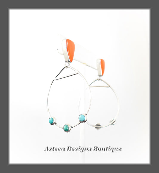 Orange Rosarita + Turquoise + Sterling Silver + Hand Fabricated Post Dangle Hoop Earrings