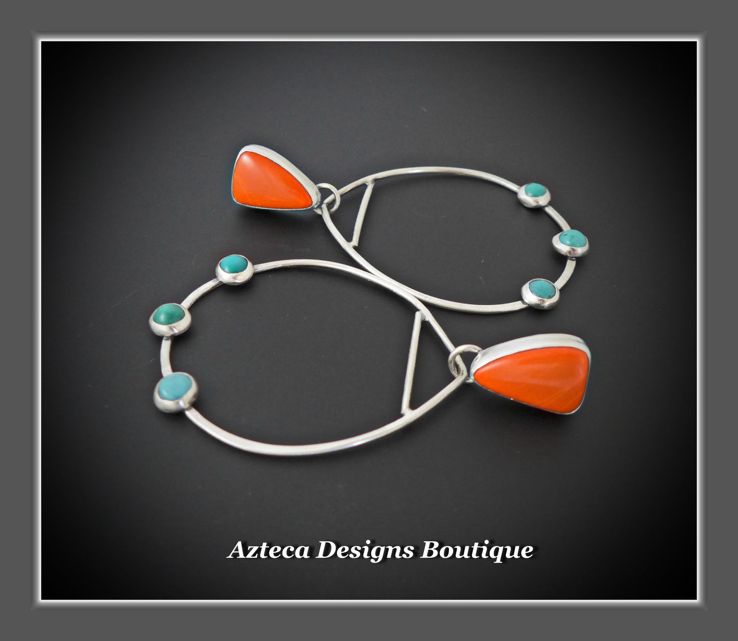 Orange Rosarita + Turquoise + Sterling Silver + Hand Fabricated Post Dangle Hoop Earrings